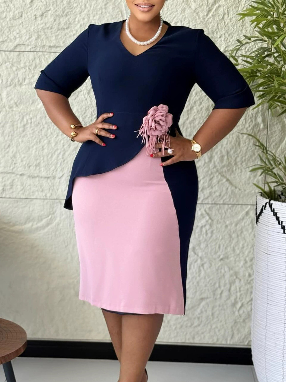 African Print Floral Pleated Half Sleeve Plus Size Dress